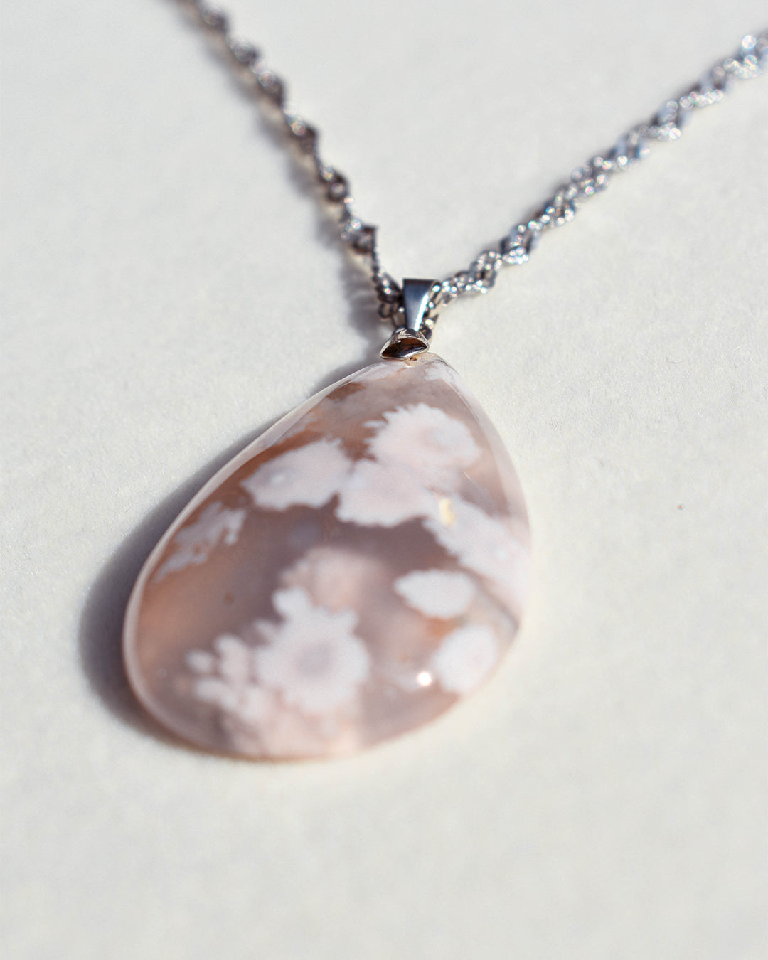 Stainless Steel chain with Flower Agate crystal pendant