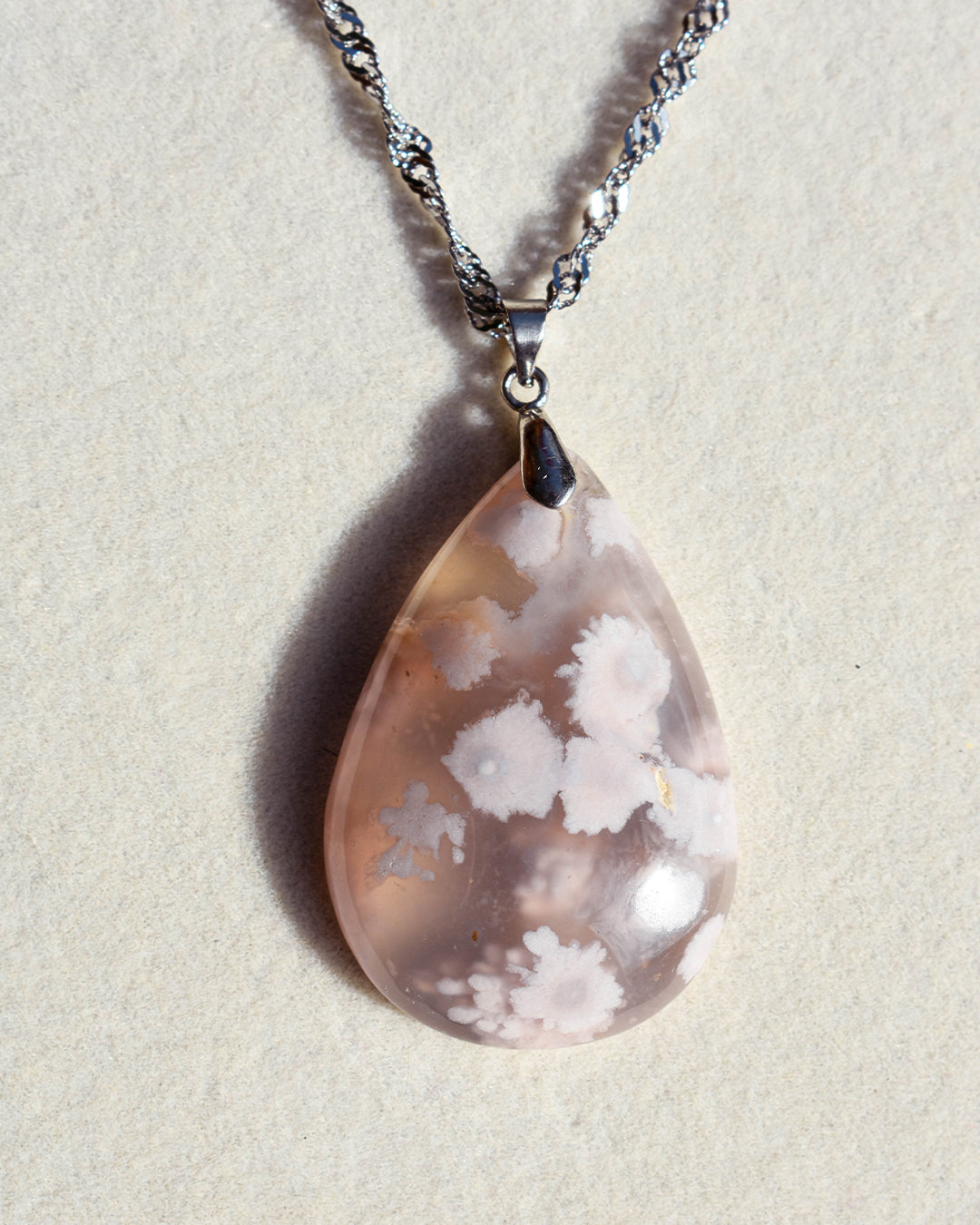 Stainless Steel chain with Flower Agate crystal pendant