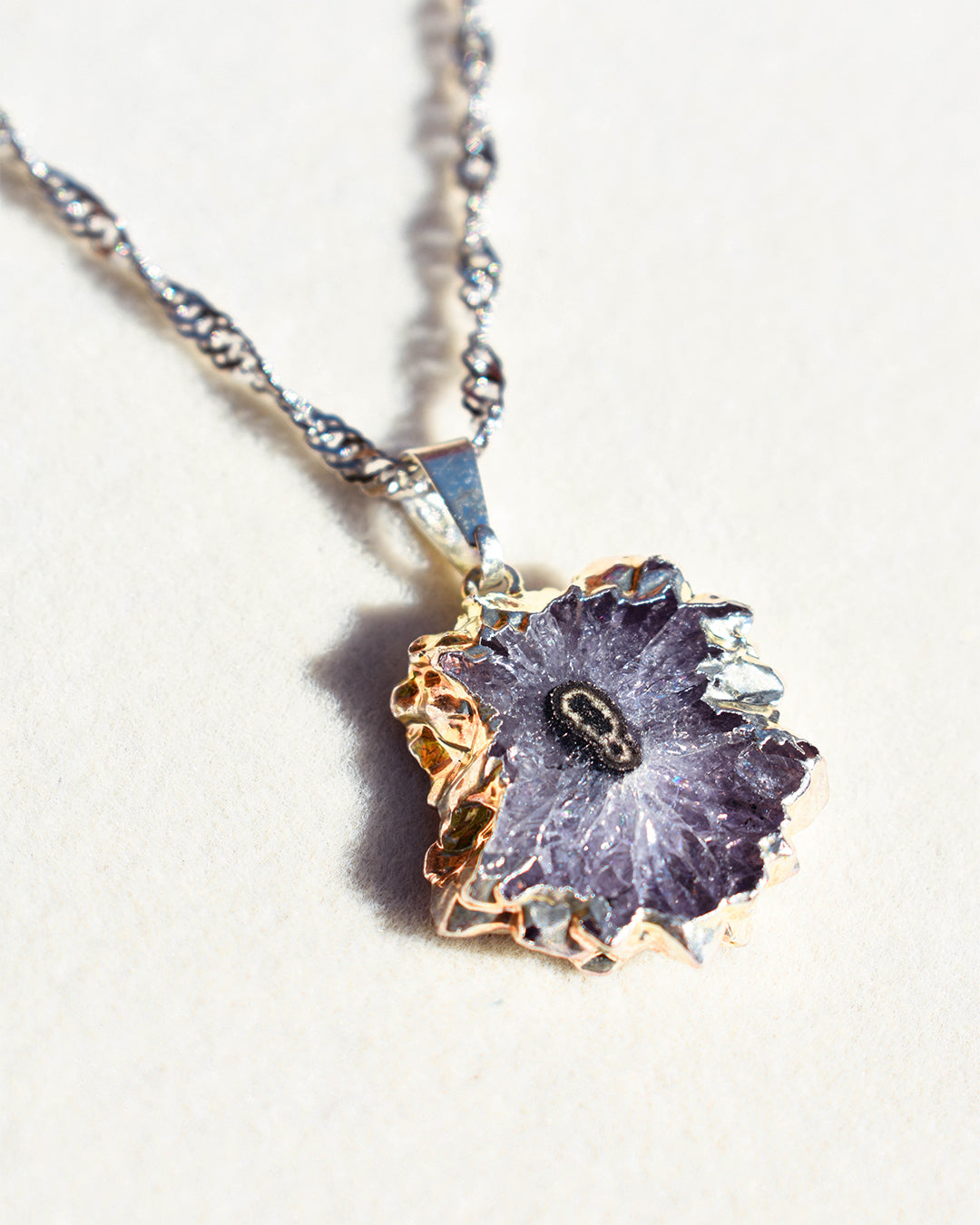 Stainless Steel chain with Flower Amethyst crystal pendant